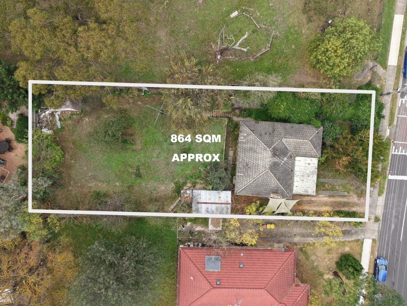 Aerial site view showing the 864 square metre allotment at 45 Luck Street, Eltham